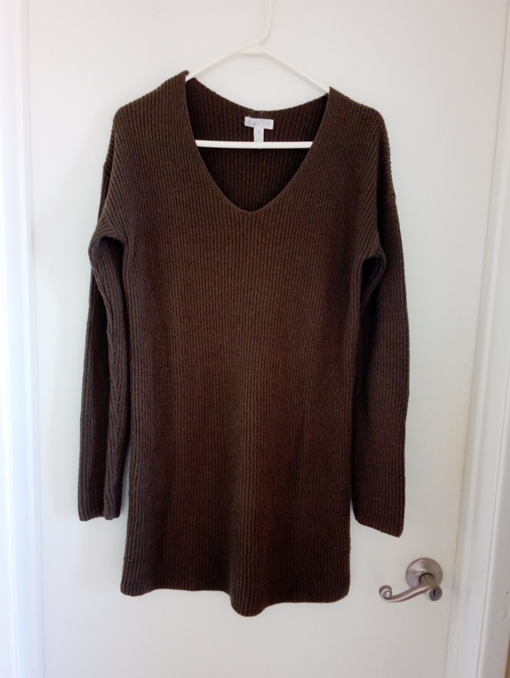 Dark Olive Green Brown Ribbed V-Neck Sweater